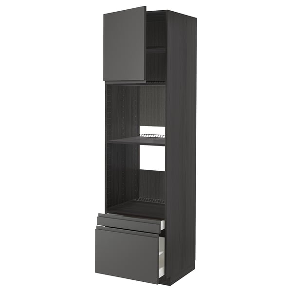 Moderní kuchyňská linka, šedá, dřevěná, vysoká, police, zásuvky, elegantní design.