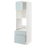 Bílá kuchyňská linka ikea METOD s modrošedými zásuvkami a skříňkami, lesklé provedení.