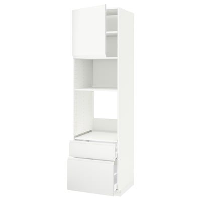 Kuchyňská linka METOD: bílá, štíhlá, vysoká, s policemi a zásuvkami, moderní minimalistický design.