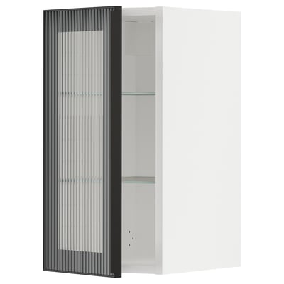 Moderní černá skříňka se skleněnou policí, elegantní design.