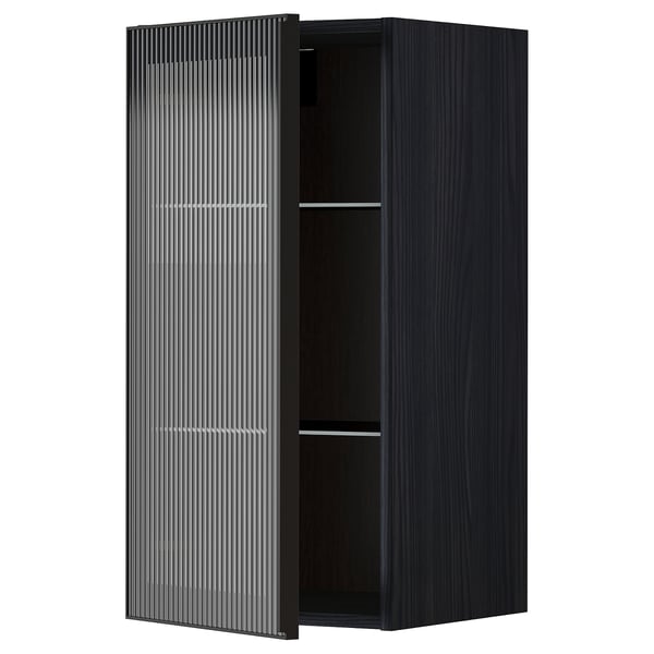 Černá kuchyňská skříňka METOD, moderní design s texturovanými skleněnými dvířky, obdélníkový tvar.