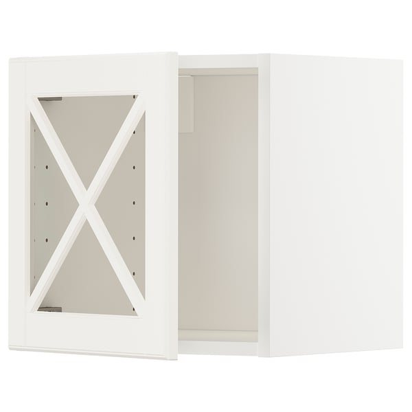 Kuchyňská linka METOD: bílá nástěnná skříňka, skleněné dveře, design příčníku.