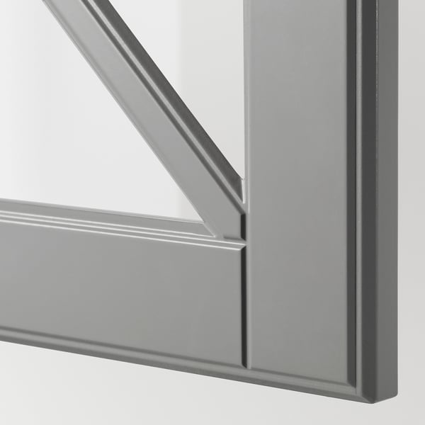 Detailní záběr na moderní skleněné dveře s šedým rámem s elegantním designem a robustní konstrukcí.