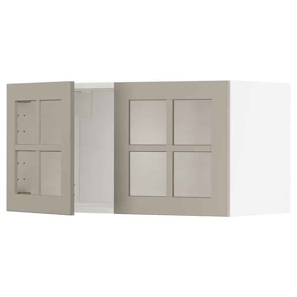 Kuchyňské nástěnné skříňky METOD s béžovými skleněnými dveřmi, moderní minimalistický design.