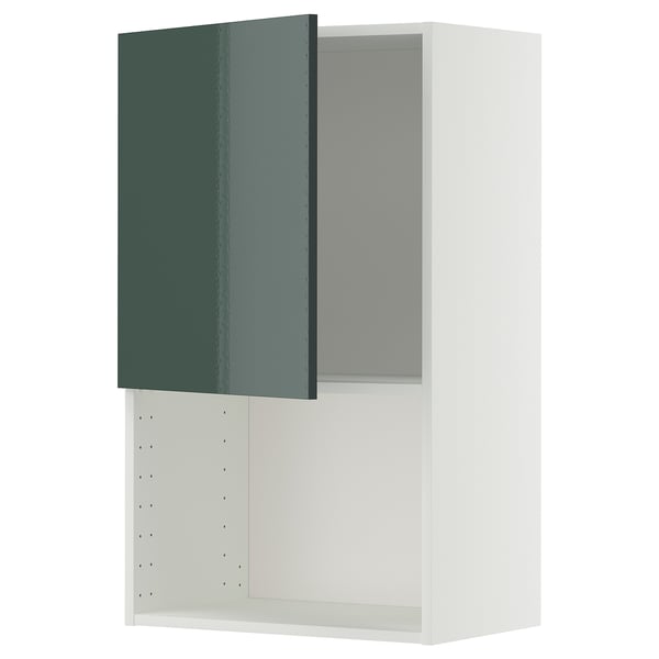 Kuchyňská linka Ikea METOD ve vysoce lesklé šedozelené barvě s nastavitelnými policemi.