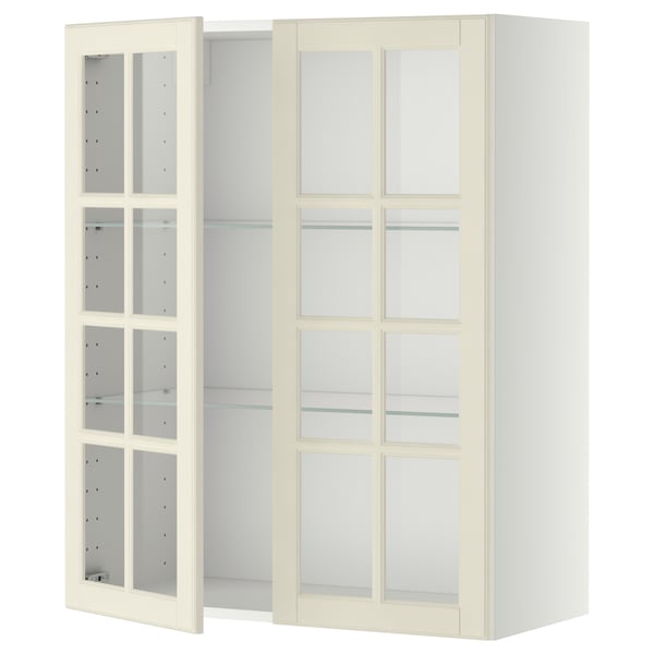 Kuchyňská linka Ikea METOD, krémová, prosklená dvířka, čtvercové panely, nastavitelné police.