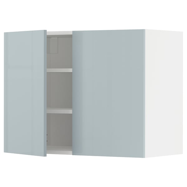Moderní šedomodrá kuchyňská linka, elegantní design s vysokým leskem, nastavitelné police.
