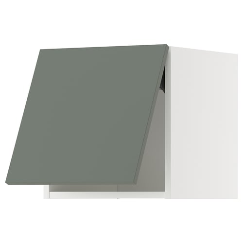 Moderní kuchyňská skříňka s šedozelenými dvířky s elegantním, minimalistickým designem.