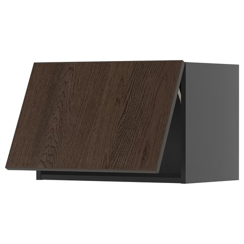 Tmavě hnědá dřevěná skříňka s elegantním moderním designem. Obdélníkový tvar, ploché povrchy a minimalistický styl.