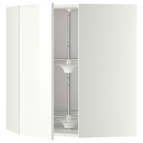 Bílá kuchyňská skříňka METOD s rohovým karuselem v lesklém provedení.