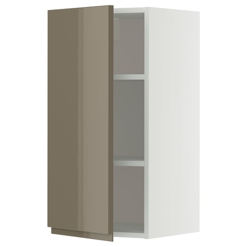 Moderní nástěnná skříňka METOD v bílé barvě s tmavě šedohnědými dvířky ve vysokém lesku, polohovatelnými policemi, elegantním designem.