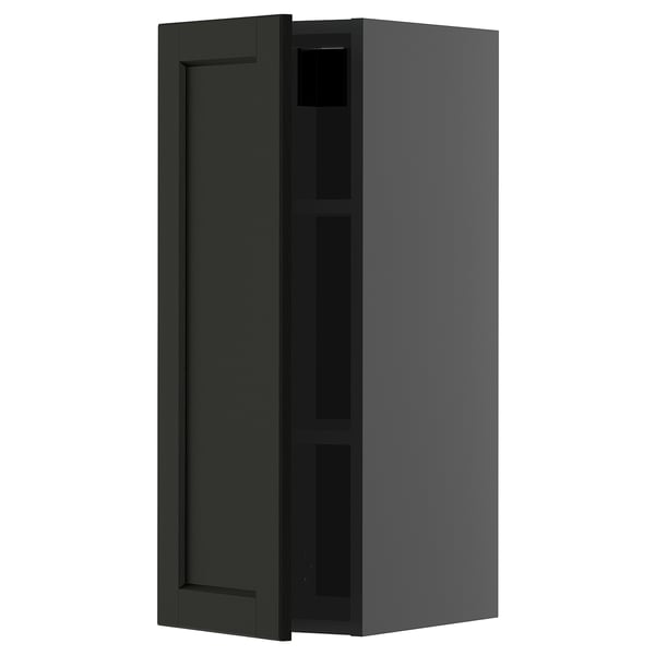 Černá nástěnná kuchyňská skříňka, obdélníková, moderní design s tmavě mořeným jasanovým povrchem.