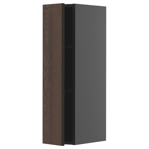Moderní vysoká skříň, tmavě hnědá a šedá, dřevěná textura, elegantní design.