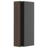 Moderní vysoká skříň, tmavě hnědá a šedá, dřevěná textura, elegantní design.