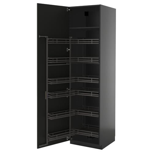 Moderní černá kuchyňská skříňka, METOD by IKEA s výsuvnými policemi, elegantní a organizovaná.