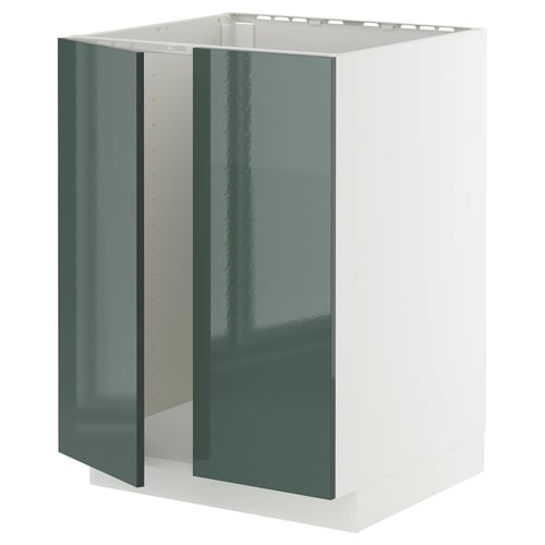 Moderní kuchyňská linka, METOD, bílá & lesklá zelená, obdélníková, s elegantními šedo-zelenými čely kallarp s vysokým leskem.