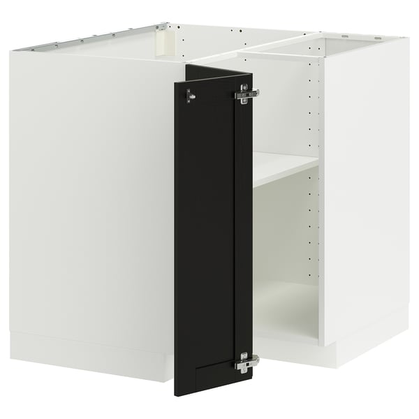 Rohová skříňka IKEA METOD bílá, dveře černé, dřevěná, hranatá.