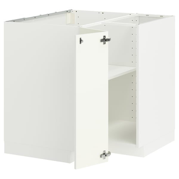 Bílá sestava kuchyňské skříňky METOD, moderní design, čtvercový tvar, bytelná dřevotříska, niklové panty.
