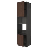 Kuchyňská skříňka z tmavého dřeva s otevřenými sekcemi, vysoká, moderní design.