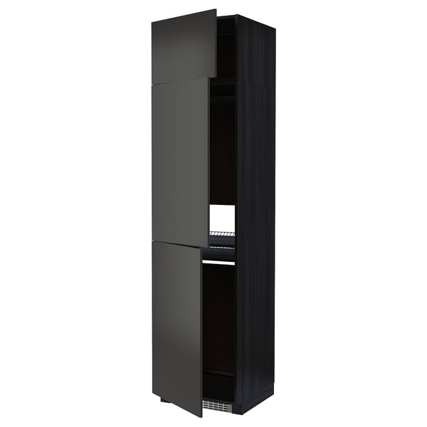 Černá kuchyňská skříňka ze série ikea METOD s elegantním moderním designem se třemi nastavitelnými policemi a prostorově úsporným, vysokým, obdélníkovým tvarem.