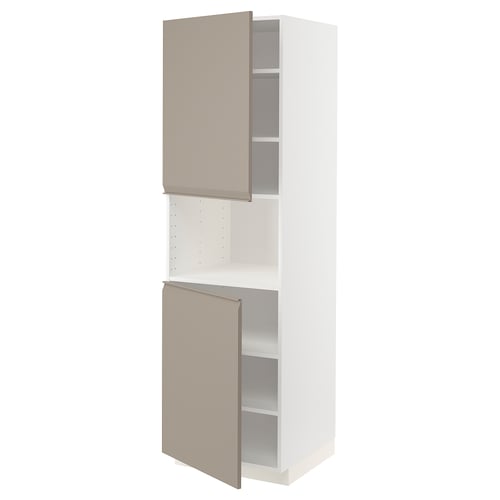 Kuchyňská skříňka METOD: vysoká, bílá, dvě dveře otevřené, světle hnědá, moderní design, dřevotříska & fólie.
