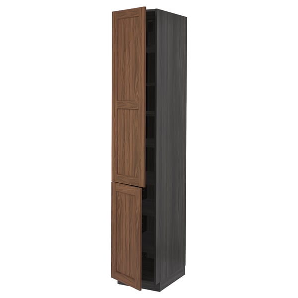 Ořech Vysoká kuchyňská skříňka METOD s dřevěnými dveřmi, hnědá, obdélníková, moderní design.