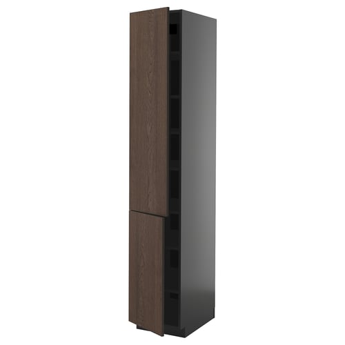 Vysoká, tmavě šedá kuchyňská skříňka s tmavě hnědými dvířky kresba dřeva a elegantním, moderním designem.