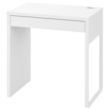 Bílý psací stůl MICKE. Jednoduchý, moderní design s jednou zásuvkou, čisté linie a minimalistická estetika.