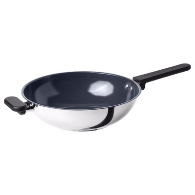 Midagsmat wok, stříbrná s černou rukojetí, keramická nepřilnavá, kulatý tvar, účelný design.