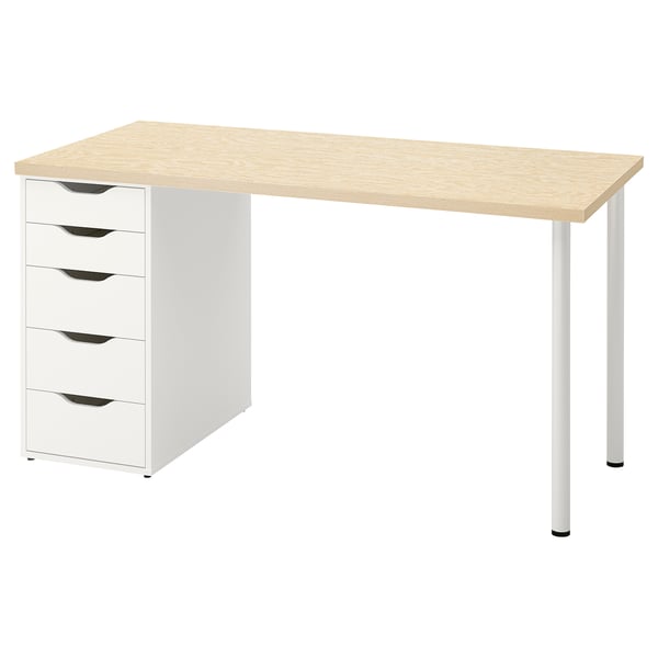 Psací stůl MITTCIRKEL má desku ze světlého dřeva, bílé zásuvky a kovové nohy pro elegantní a moderní vzhled.