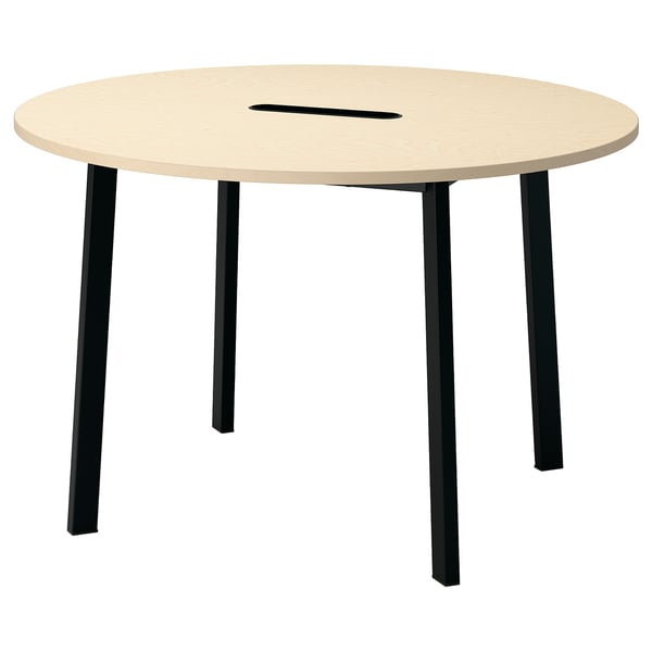 Kulatý dřevěný konferenční stůl MITTZON s černými kovovými nohami. Má elegantní, moderní design.