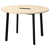 Kulatý dřevěný konferenční stůl MITTZON s černými kovovými nohami. Má elegantní, moderní design.