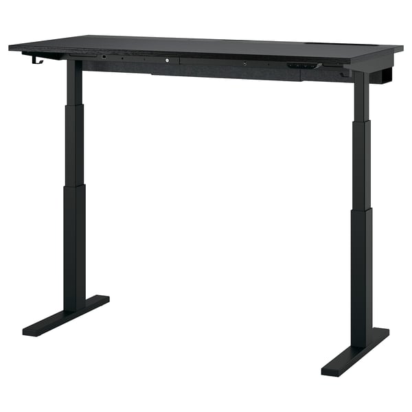 Černý polohovací stůl MITTZON se dvěma motory pro ergonomické pohodlí a snadné nastavení výšky, s elegantním obdélníkovým designem.