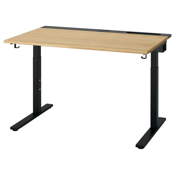 Psací stůl MITTZON, deska ze světlého dřeva, černé nohy, výškově nastavitelný, moderní kancelářský design.