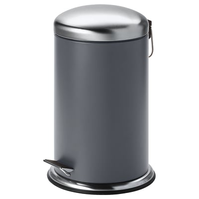 Šedý odpadkový koš MJÖSA s pedálkem s elegantním víkem z nerezové oceli, nožním pedálem pro použití bez použití rukou a rukojetí pro snadné přemisťování.