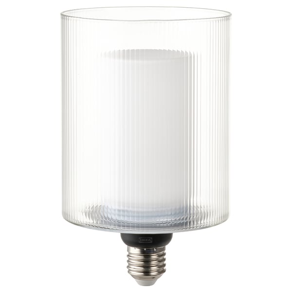 Ikea MOLNART kryt žárovky, čiré žebrované sklo, chrání teplé LED světlo, válcovitý tvar.