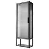 Moderní černá skříň MOSSJÖN s rákosovým sklem, elegantní design, zobrazení horní police, kovový rám.