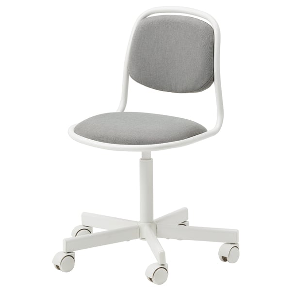 Dětská židle v bílé a šedé barvě: ÖRFJÄLL, látkový sedák, kovový rám, 5 koleček, ergonomická.