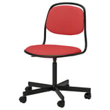 ÖRFJÄLL kancelářská židle červená s černým rámem, otočná, čtyři kolečka, ergonomický tvar.