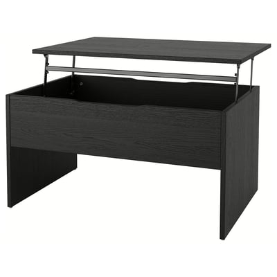 Konferenční stolek ÖSTAVALL s výklopnou deskou v černé barvě s moderním, minimalistickým designem. Má nastavitelnou výšku a skrytý úložný prostor.