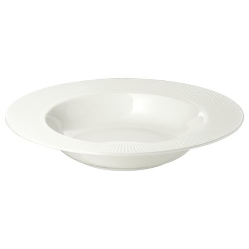 Bílý jídelní talíř OFANTLIGT, vyrobený z živcového porcelánu, s elegantním, mírně žebrovaným designem.