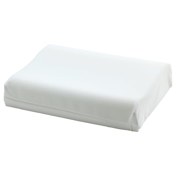 Bílý ergonomický polštář s názvem PAPEGOJBUSKE, tvarovaný pro spáče na zádech a na boku, s podpůrnou pěnou a polyesterovým potahem.