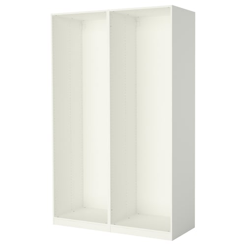 Bílý rám šatní skříně PAX, obdélníkový, minimalistický design s nastavitelnými nožičkami.