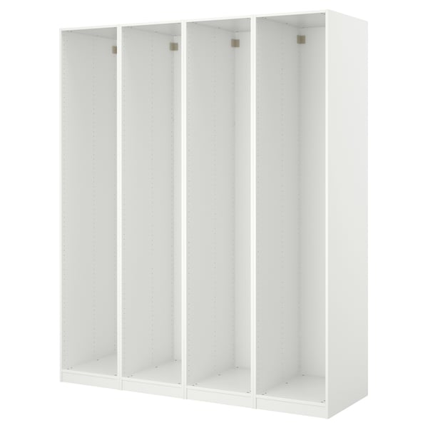 Bílá šatní skříň ikea PAX. Je obdélníkový, se čtyřmi otevřenými přihrádkami a vyrobený z dřevotřískové desky.