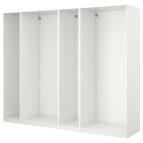 Bílý rám šatní skříně PAX, moderní minimalistický design, vyrobeno z dřevotřísky.