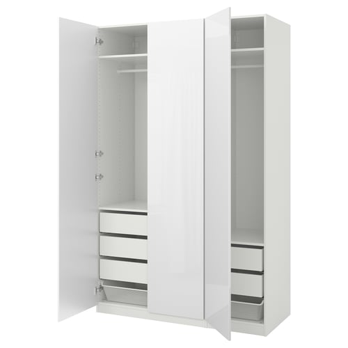 Bílá šatní skříň PAX se zásuvkami a síťovaným košem, elegantní minimalistický design.