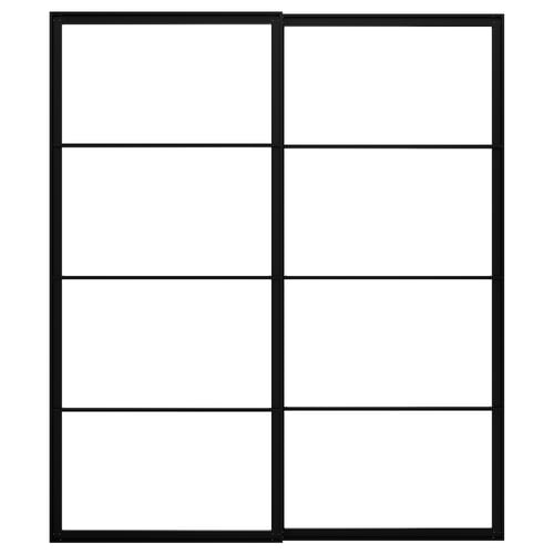Tento obrázek ukazuje černý rám dveří šatní skříně PAX vyrobený z hliníku s mřížkovým designem se čtyřmi panely.