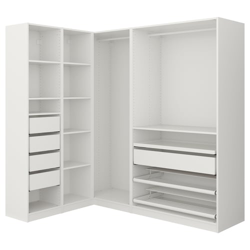 Bílá šatní souprava ikea PAX s otevřenými policemi a zásuvkou.