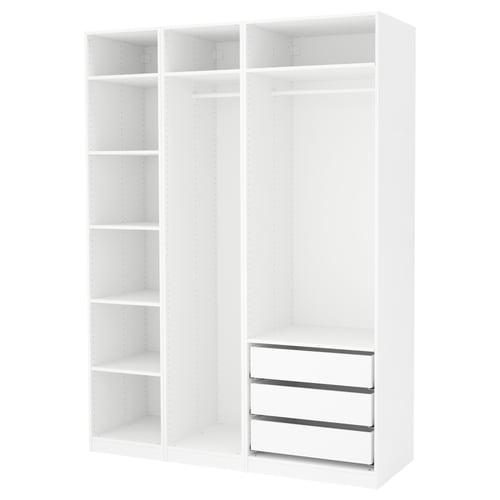 Šatní skříň Marcada PAX v bílé barvě, s policemi a zásuvkami, elegantní a minimalistický design.