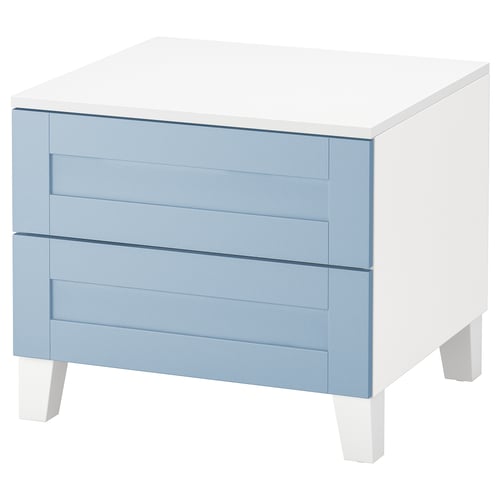 Moderní modro-bílá úložná komoda: 2 zásuvky, bílé nohy, čistý design.